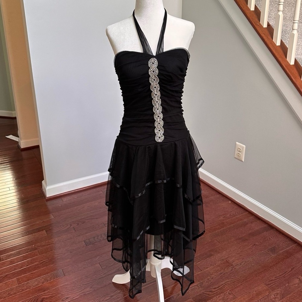 Vintage Masquerade Black Silver Asymmetrical Beaded Gothic Tulle Cocktail Dress